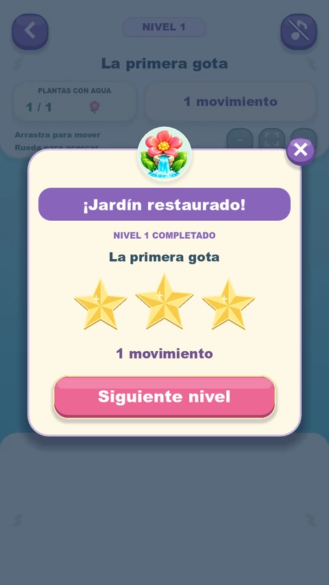 Pantalla de nivel completado con tres estrellas