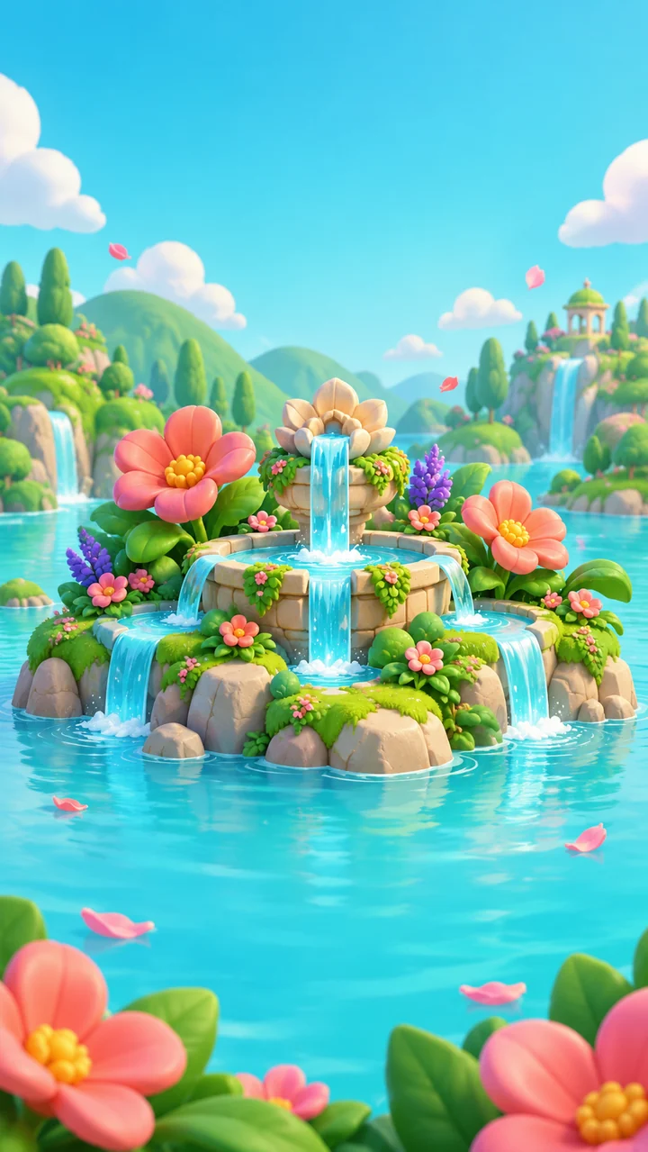 Flores junto a una fuente de agua cristalina