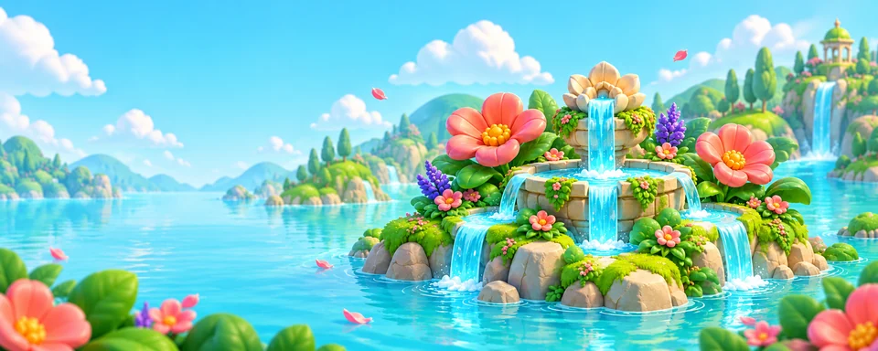 Un jardín de flores y cascadas entre islas verdes